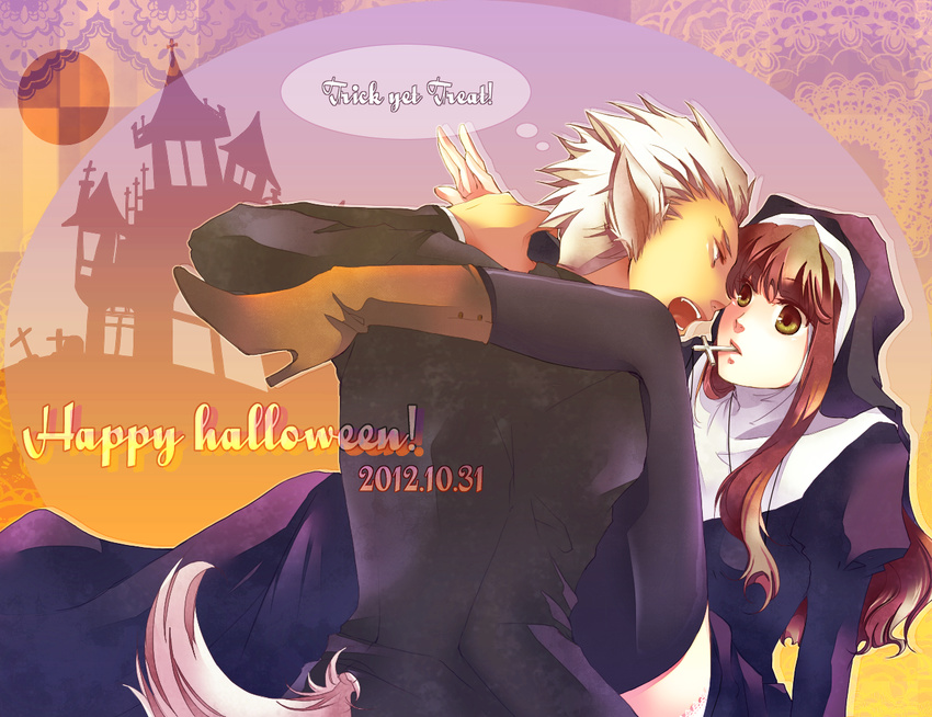 1girl archer bad_id bad_pixiv_id brown_eyes brown_hair cross cross_necklace fangs fate/extra fate_(series) halloween happy_halloween high_heels jewelry kishinami_hakuno_(female) long_hair necklace nun ragi_810 shoes tail thighhighs werewolf white_hair wolf_tail