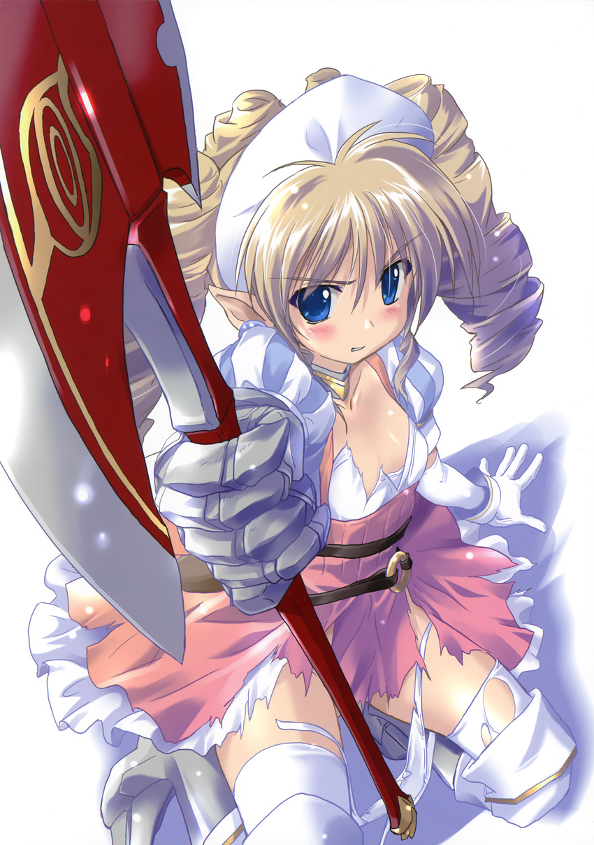 absurdres animal_ears axe blonde_hair blue_eyes boots breasts drill_hair eyebrows_visible_through_hair gloves hair_between_eyes highres holding holding_weapon knee_boots komatsu_eiji long_hair looking_at_viewer panties panties_around_one_leg pink_skirt pointy_ears queen's_blade shiny shiny_skin shirt side-tie_panties skirt small_breasts solo thighhighs torn_clothes torn_legwear torn_shirt torn_skirt twin_drills underwear untied untied_panties weapon white_gloves white_legwear white_panties white_shirt ymir_(queen's_blade)