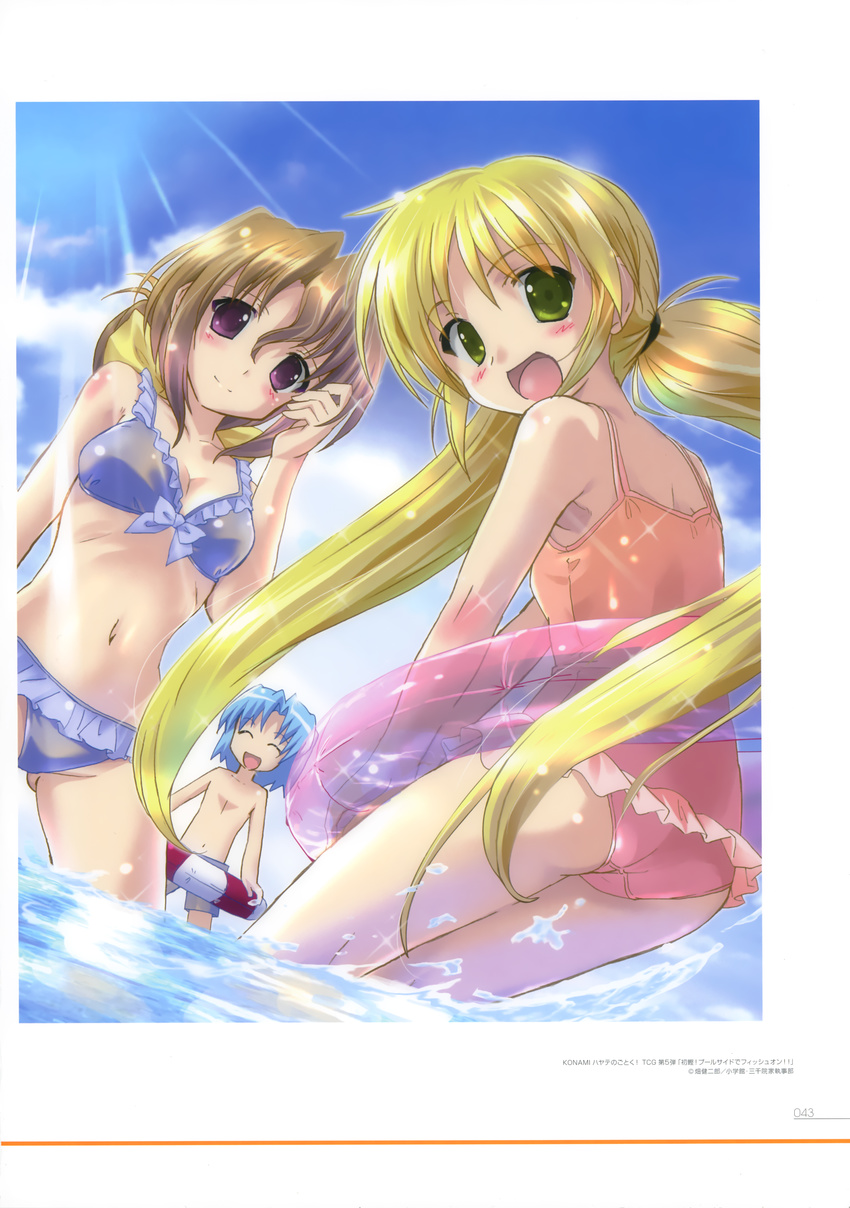 2girls :d absurdres ayasaki_hayate bikini blonde_hair blue_bikini blue_hair bow breasts brown_hair casual_one-piece_swimsuit cleavage closed_eyes collarbone day dutch_angle eyebrows_visible_through_hair floating_hair frilled_bikini frilled_swimsuit frills green_eyes hair_bow hand_in_hair hayate_no_gotoku! highres innertube komatsu_eiji long_hair looking_at_viewer looking_back maria_(hayate_no_gotoku!) medium_breasts multiple_girls navel ocean one-piece_swimsuit open_mouth orange_swimsuit outdoors purple_eyes sanzen'in_nagi short_hair smile stomach swimsuit transparent twintails very_long_hair wading yellow_bow