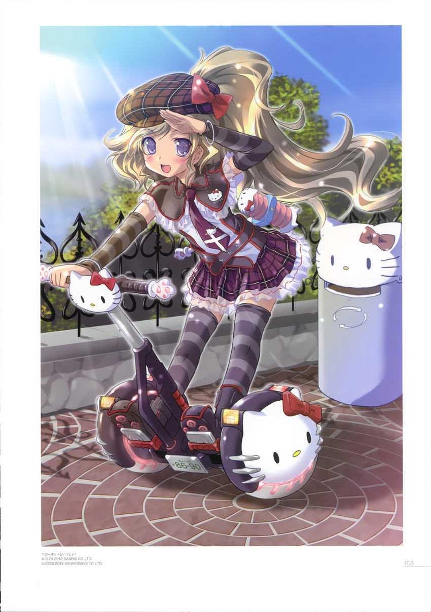 :d absurdres blonde_hair cabbie_hat detached_sleeves hat hello_kitty_to_issho! highres komatsu_eiji lolita_fashion open_mouth ponytail purple_eyes salute segway smile striped striped_legwear thighhighs trash_can