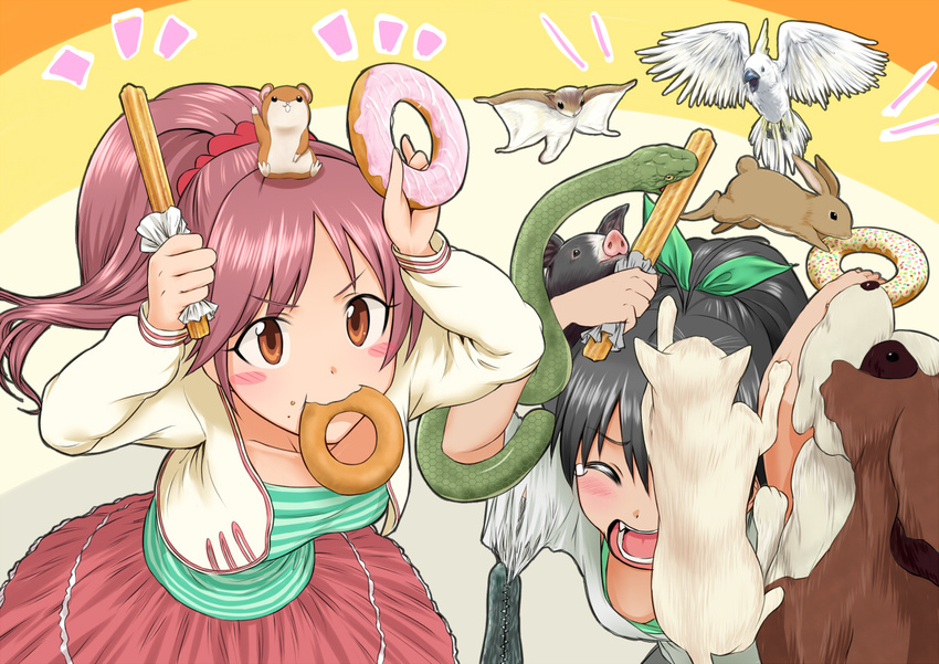 alligator animal bird black_hair brown_eyes brown_hair bunny cat cockatoo crocodilian dog doughnut flying_squirrel food ganaha_hibiki hair_ribbon hamster hamuzou idolmaster idolmaster_(classic) idolmaster_cinderella_girls multiple_girls pig ponytail ribbon shigyo shiina_noriko skirt snake squirrel