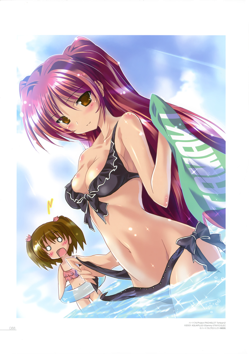 absurdres bikini black_bikini blush breasts brown_eyes brown_hair cleavage collarbone cowboy_shot dutch_angle eyebrows_visible_through_hair groin hair_ribbon highres innertube komatsu_eiji kousaka_tamaki long_hair medium_breasts multiple_girls navel ocean open_mouth outdoors pink_bikini pink_ribbon ribbon shiny shiny_skin side-tie_bikini smile stomach swimsuit to_heart_2 twintails untied untied_bikini very_long_hair wading yuzuhara_konomi