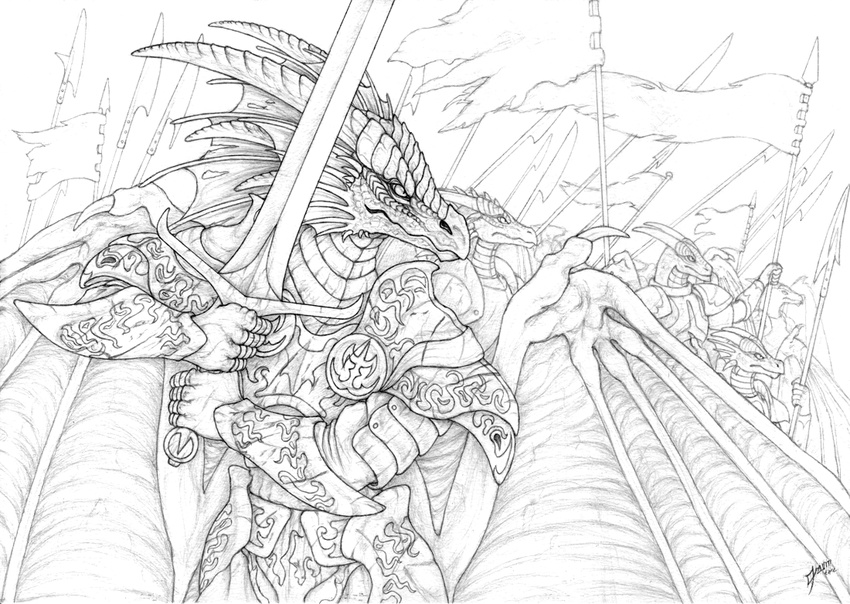 armor army dragon greyscale horn line_art male monochrome polearm qzurr scalie spear warrior weapon wings