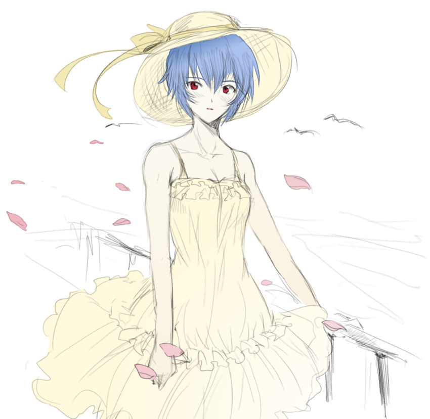 ayanami_rei bare_shoulders blue_hair blush breasts cleavage colorized dress hat medium_breasts neon_genesis_evangelion railing red_eyes short_hair solo straw_hat sundress tusia