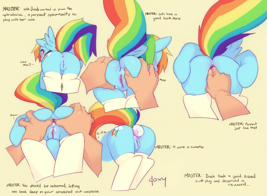 anal anal_fingering anal_insertion anal_penetration anus bestiality butt buttplug doxy english_text equine female feral fingering friendship_is_magic hair horse human insertion interspecies legwear looking_at_viewer looking_back mammal multi-colored_hair my_little_pony pegasus penetration pony pussy rainbow_dash_(mlp) rainbow_hair sex_toy spread_anus spreading stockings text wings
