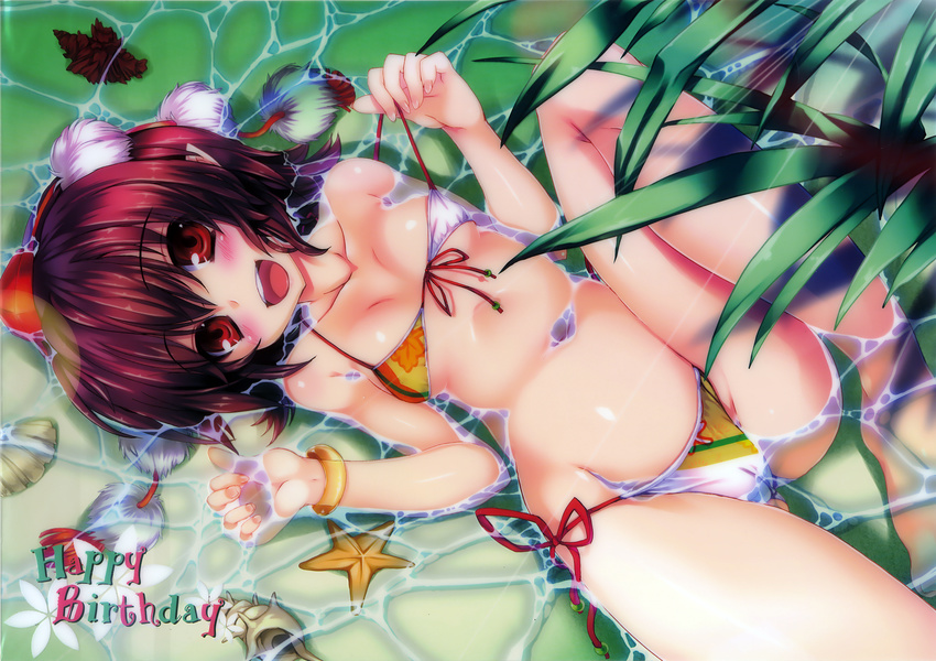 :d absurdres bare_legs barefoot bikini black_hair blush bracelet breasts cameltoe fingernails front-tie_top hat highres jewelry long_fingernails looking_at_viewer lying maruchan. medium_breasts navel on_back open_mouth partially_submerged pointy_ears red_eyes scan shameimaru_aya shell short_hair side-tie_bikini smile solo source_request starfish strap_pull string_bikini sunlight swimsuit tokin_hat touhou water