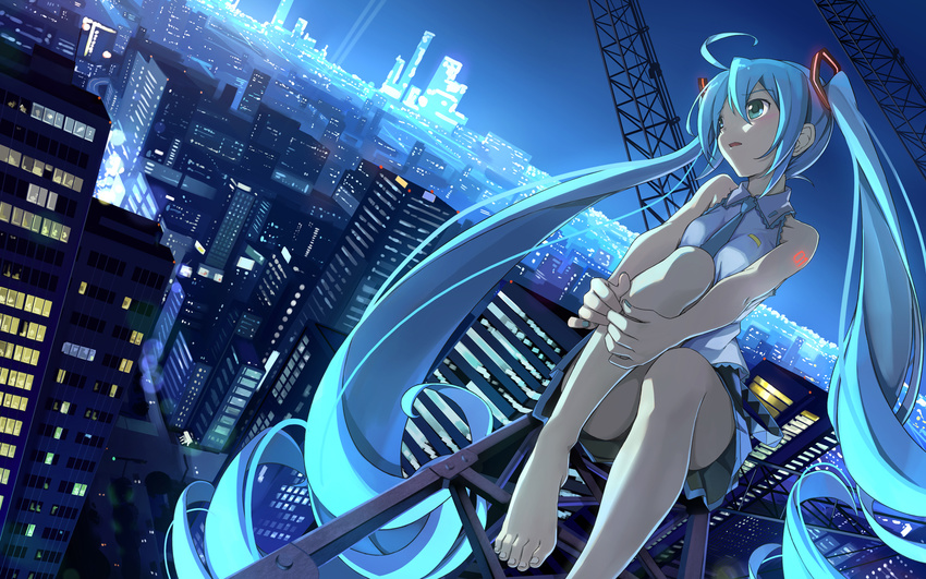 ahoge aqua_eyes aqua_hair barefoot beek blush cityscape dutch_angle fingernails hair_between_eyes hatsune_miku head_tilt highres leg_hug long_hair looking_afar miniskirt nail_polish necktie night night_sky number parted_lips pleated_skirt scenery sitting skirt sky sleeveless solo toenails twintails very_long_hair vocaloid