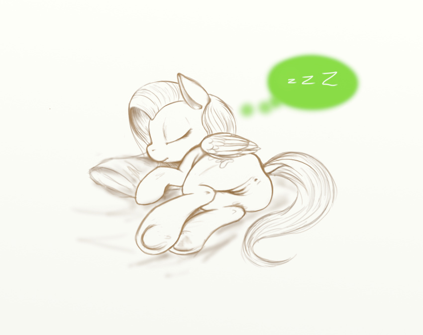 back_turned brown_and_white cutie_mark english_text equine eyes_closed female feral fluttershy_(mlp) friendship_is_magic line_art lying mammal monochrome my_little_pony nude on_side pegasus pillow plain_background pussy rhythmlines sketch sleeping solo text white_background wings
