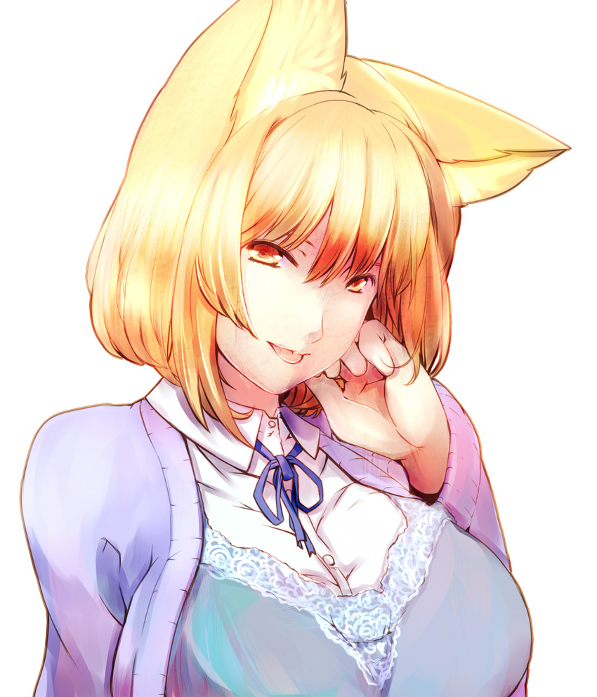 animal_ears blonde_hair breasts dearmybrothers fox_ears highres large_breasts looking_at_viewer smile solo tongue tongue_out touhou upper_body white_background yakumo_ran yellow_eyes