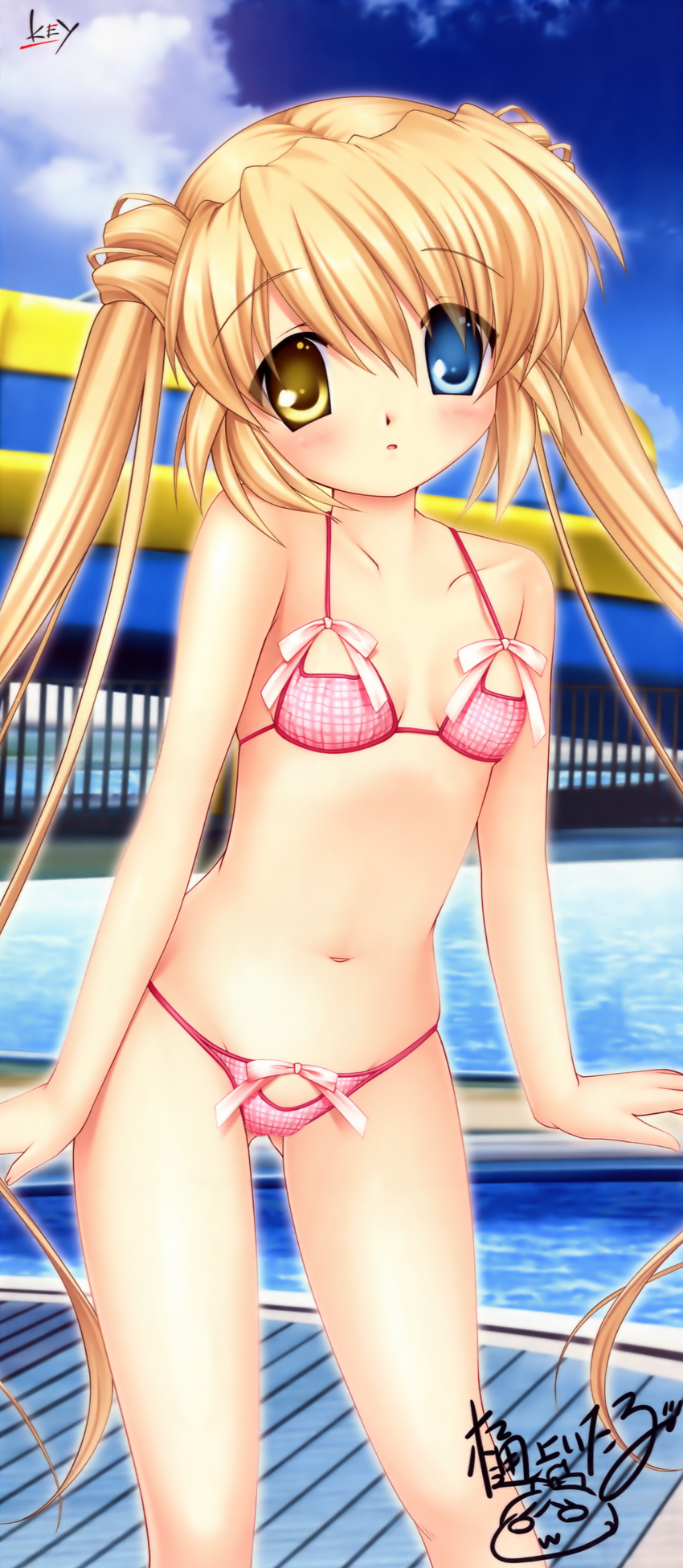 :o absurdres artist_name bikini blonde_hair blue_eyes blush breasts caricature cloud day groin head_tilt heterochromia highres hinoue_itaru huge_filesize long_hair long_image looking_at_viewer nakatsu_shizuru navel no_eyepatch outdoors pink_bikini plaid plaid_bikini pool poolside rewrite signature sky small_breasts solo swimsuit tall_image twintails very_long_hair yellow_eyes