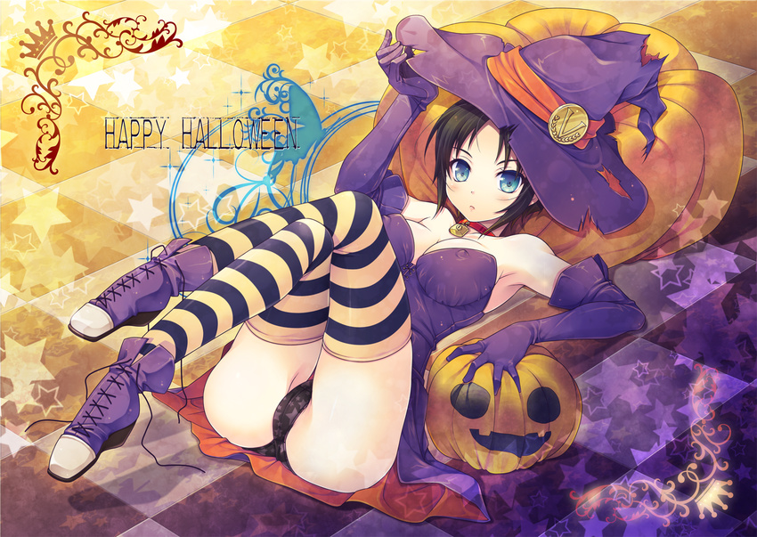 ass bare_shoulders black_hair black_panties blue_eyes blush breasts cleavage collar covered_nipples crossed_legs dress elbow_gloves gloves halloween happy_halloween hat highres jack-o'-lantern knees_on_chest large_breasts legs looking_at_viewer lying marie_(persona_4) on_back panties persona persona_4 persona_4_the_golden print_panties pumpkin short_hair sitting skirt solo star star_print striped striped_legwear thighhighs underwear witch_hat yumegi_(mg.)