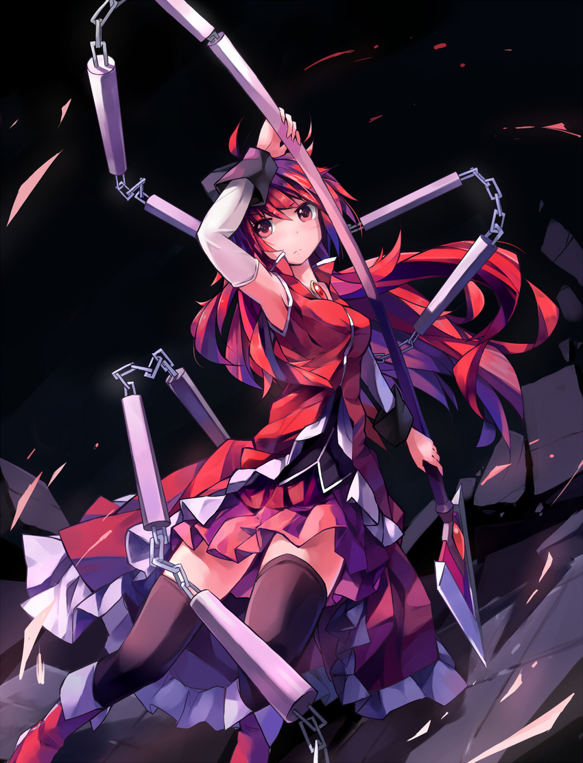 arm_up armpits black_legwear detached_sleeves dress highres holding huanxiang_huifeng long_hair magical_girl mahou_shoujo_madoka_magica polearm red_eyes red_hair sakura_kyouko solo spear thighhighs weapon