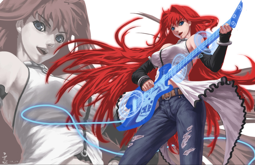 aozaki_aoko belt blue_eyes breasts denim detached_sleeves guitar highres instrument jeans large_breasts long_hair magic_circle mahou_tsukai_no_yoru music pants playing_instrument red_hair scrap_iron solo torn_clothes torn_jeans torn_pants very_long_hair zoom_layer
