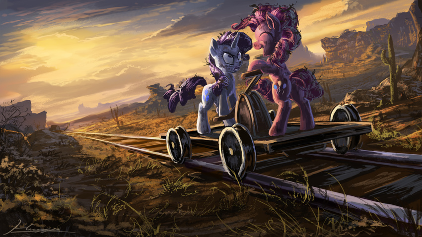2012 angry cactus cutie_mark dawn desert detailed_background dishevelled duo equine eyes_closed female feral friendship_is_magic horn horse huusii huussii mammal minecart muddy my_little_pony outside pinkie_pie_(mlp) pony rail rarity_(mlp) smile sunrise sunset train_tracks trolley unicorn wallpaper