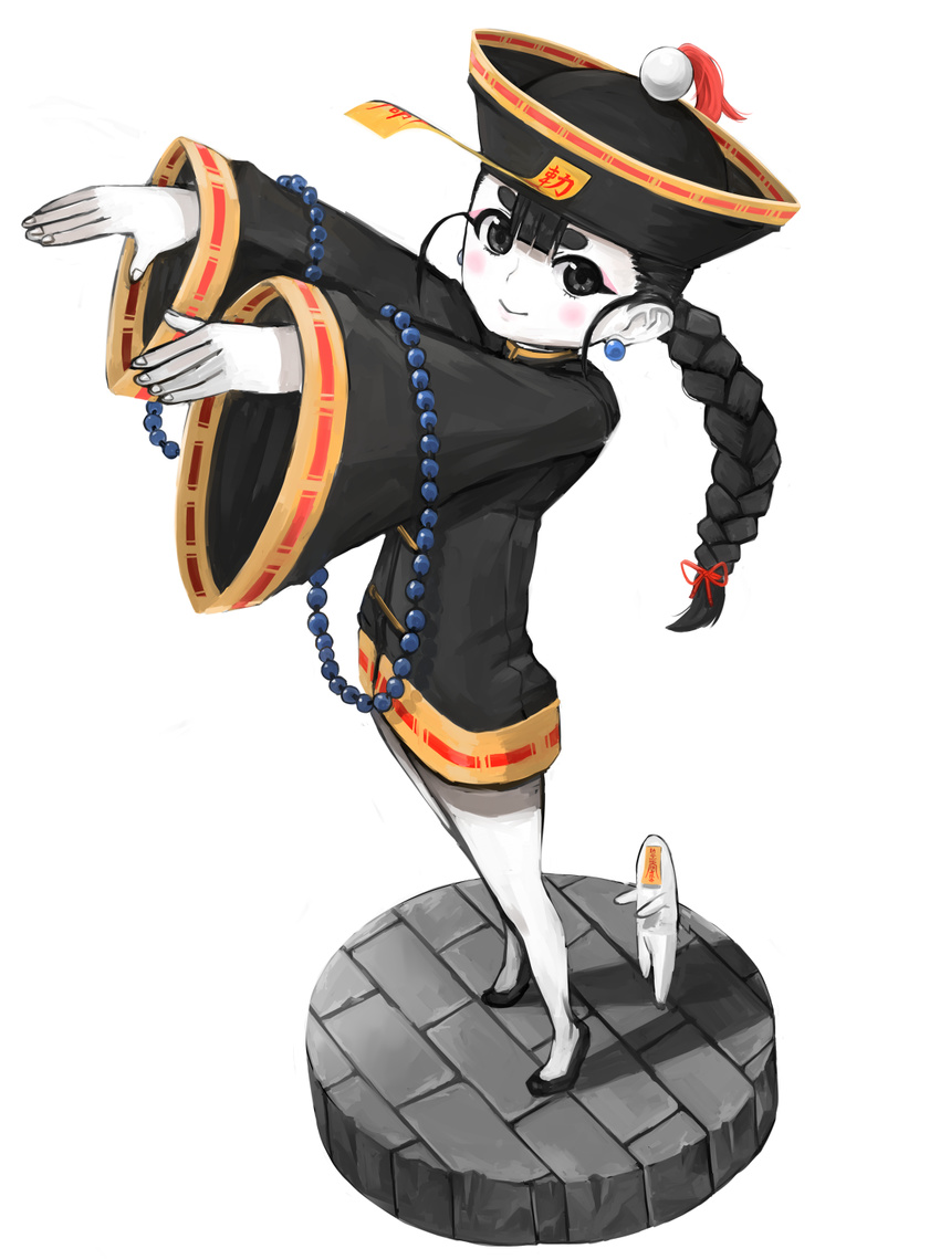 1girl black_eyes black_hair blush bottomless braid chinese_clothes earrings faux_figurine female hair_over_one_eye hair_ribbon hat highres jewelry jiangshi long_hair madarame necklace ofuda original ribbon simple_background single_braid sleeves_past_wrist sleeves_past_wrists smile solo white_background white_skin wide_sleeves
