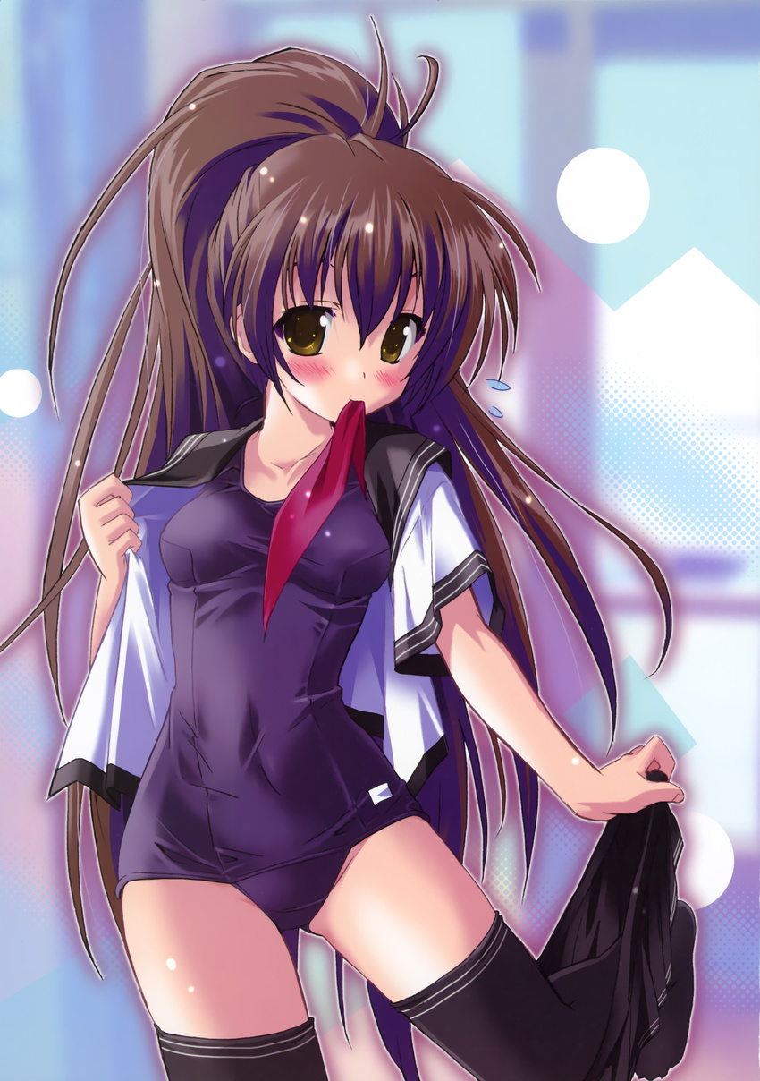 absurdres blush brown_hair flying_sweatdrops highres komatsu_eiji long_hair non-web_source one-piece_swimsuit open_clothes open_shirt original ponytail scan school_swimsuit shirt skirt skirt_pull solo swimsuit swimsuit_under_clothes thighhighs undressing very_long_hair wide_ponytail yellow_eyes