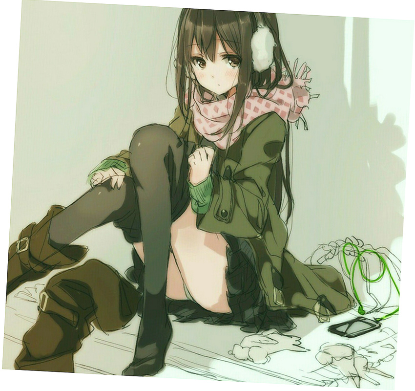 black_legwear blush boots brown_eyes brown_hair coat earmuffs enpera kirisawa_saki long_hair original pleated_skirt scarf shoes single_shoe sitting skirt solo thighhighs winter_clothes