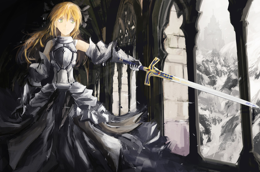 ahoge armor armored_dress artoria_pendragon_(all) arufa_(hourai-sugar) bad_id bad_pixiv_id blonde_hair bow caliburn detached_sleeves dress fate/stay_night fate/unlimited_codes fate_(series) gauntlets green_eyes hair_bow long_hair ponytail saber saber_lily solo sword weapon