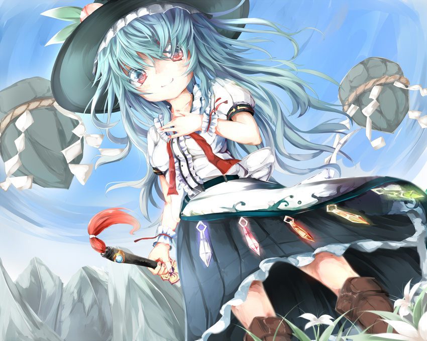 blue_hair boots dress food from_below fruit hat hinanawi_tenshi holding keystone long_hair peach red_eyes smile solo sweatdrop sword_of_hisou touhou umagenzin