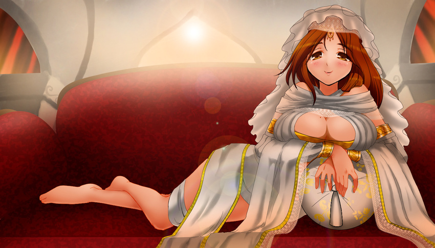 1girl barefoot breasts dark_souls female from_software gwynevere jewelry large_breasts lots_of_jewelry queen_of_sunlight_gwynevere smile solo souls_(from_software) uni-don