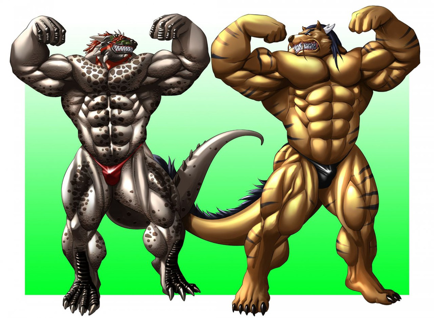4_toes 5_toes abs ano anthro argonian beefy biceps big_muscles black_fur blue_hair body_markings bodybuilder bodybuilding brown_fur buff bulge canine claws clenched_teeth clothed clothing dragon duo echin eye_contact fangs feathers flexing fur grin hair half-dressed horn huge_muscles hybrid long_hair male mammal markings muscles pecs pose red_fur red_hair scales scalie smile speedo spots spread_legs spreading standing stripes swimsuit tagg taggcrossroad teeth the_elder_scrolls thong toe_claws toes topless underwear video_games whiskers white_horns wolf