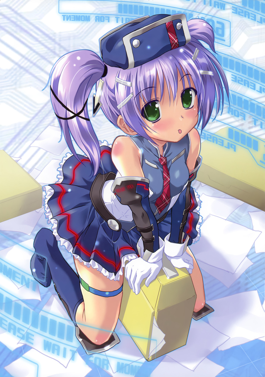 absurdres bare_shoulders blue_footwear blush boots detached_sleeves gloves green_eyes hair_ornament hat highres kneeling komatsu_eiji long_hair necktie non-web_source original purple_hair scan skirt solo thigh_strap tongue tongue_out twintails white_gloves