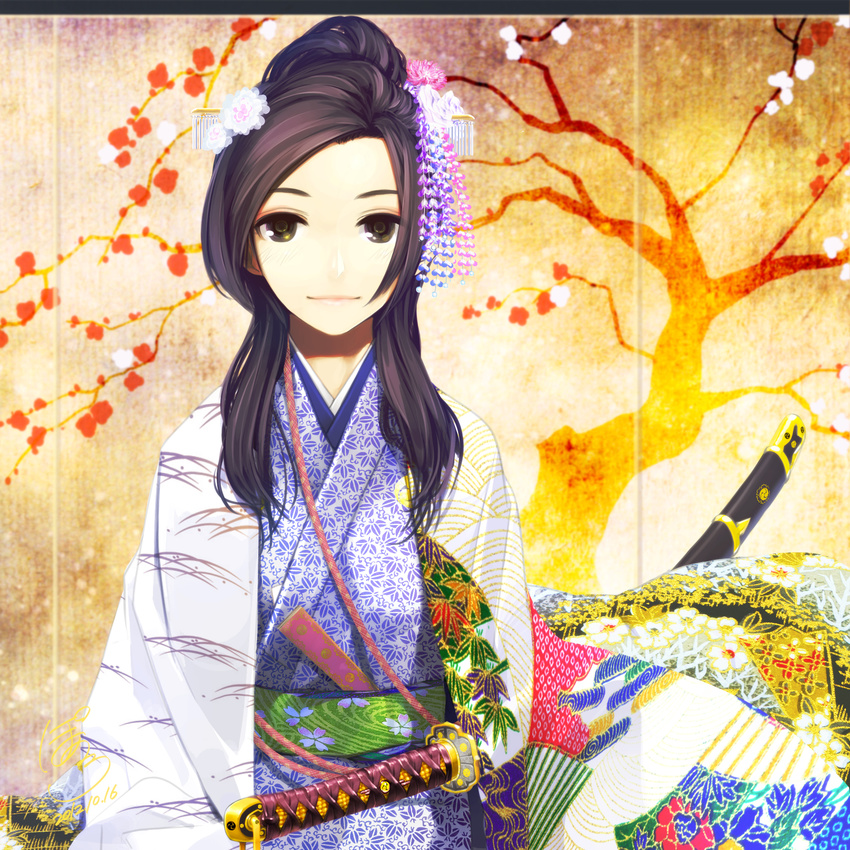 black_hair branch character_request dated fan flower folding_screen hair_ornament highres japanese_clothes katana kimono leaf_print light_smile lips long_hair looking_at_viewer poaro ponytail sengoku_wars sheath sheathed signature solo sword tree weapon yellow_eyes