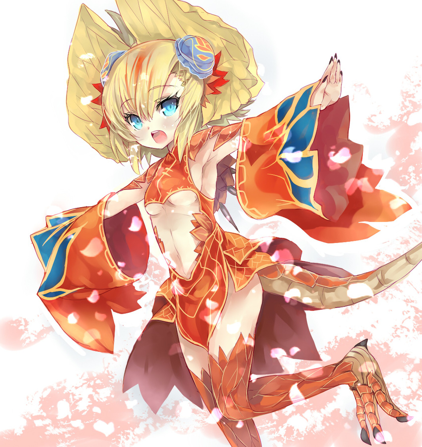 blonde_hair blue_eyes breasts double_bun medium_breasts monster_hunter no_bra open_mouth outstretched_arms personification short_hair skirt solo tail talons umitsuki underboob wide_sleeves yian_kut-ku
