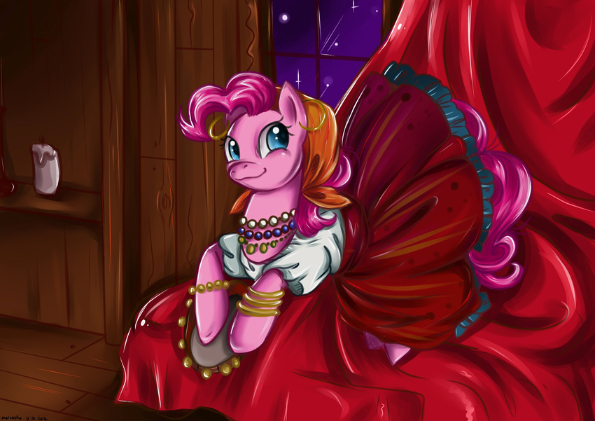 bracelet candle clothing ear_piercing equine female feral friendship_is_magic gypsy hair horse jewelry mammal matrosha123 musical_instrument my_little_pony necklace night piercing pink_hair pinkie_pie_(mlp) pony solo tambourine