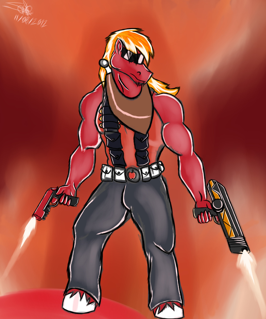 anthro anthrofied beard big_macintosh_(mlp) clothing duke_nukem equine eyewear facial_hair friendship_is_magic gun male mammal my_little_pony pistol ranged_weapon shirt solo sunglasses vanqueza weapon yoke