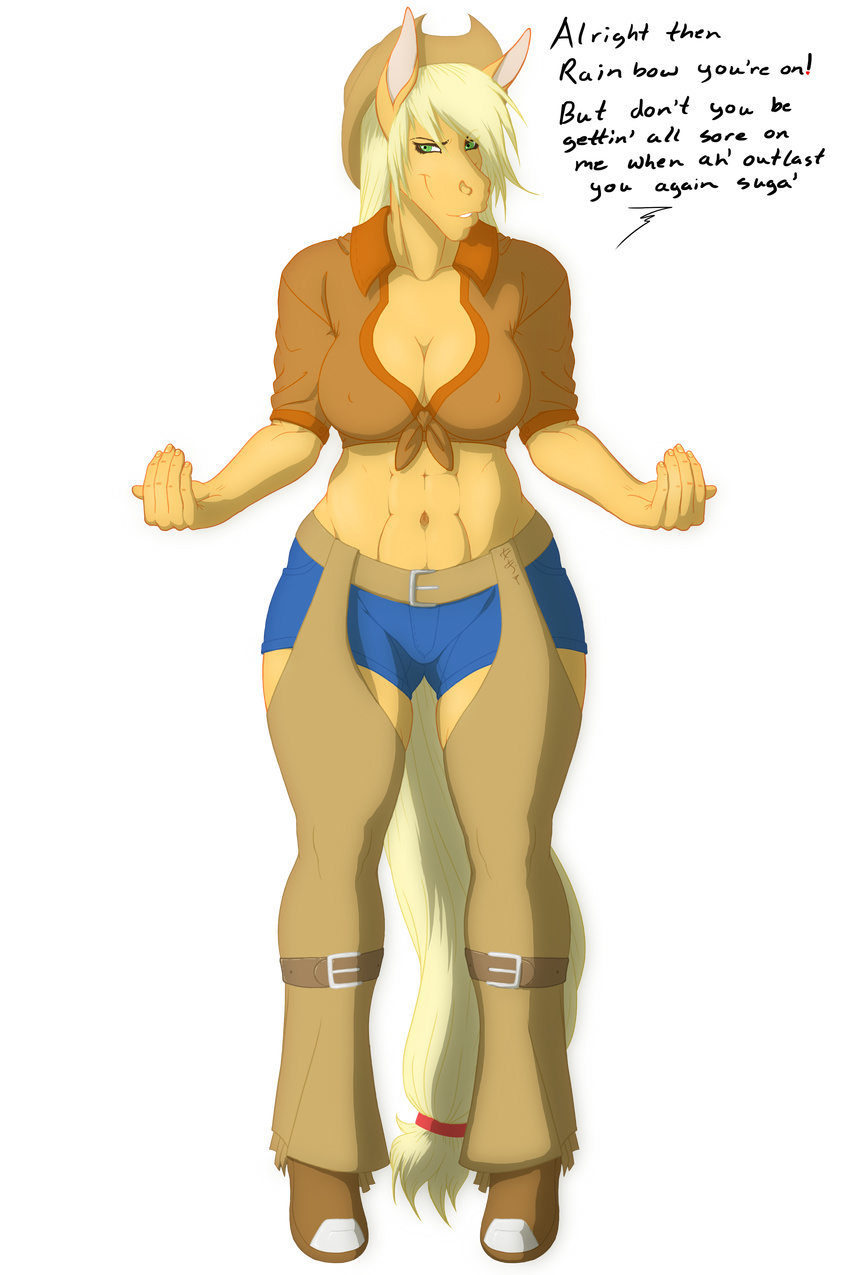 2012 alpha_channel anthrofied applejack_(mlp) belt blonde_hair boots breasts chaps cleavage clothed clothing english_text female friendship_is_magic green_eyes hair hat hi_res jeans long_hair looking_at_viewer my_little_pony navel omnoproxyl337 shirt shorts smile solo standing thighs wide_hips yellow_skin