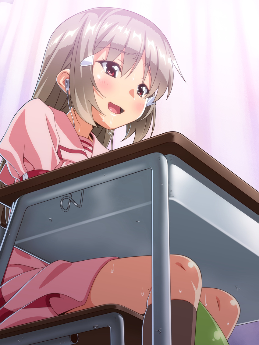 blush brown_hair censored condom condom_filling condom_on_penis cum earphones ejaculation futanari highres kuga_hajime_(world_lover) long_hair masturbation naughty_face penis red_eyes saliva school_desk sweat under_table world_lover