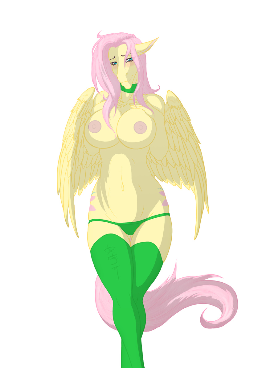 2012 big_breasts blue_eyes blush breasts collar equine female fluttershy_(mlp) friendship_is_magic hair hi_res horse long_hair looking_at_viewer my_little_pony navel nipples omnoproxyl337 panties pegasus pink_hair pink_nipples pony smile solo standing stockings thighs topless underwear wings yellow_feathers yellow_skin