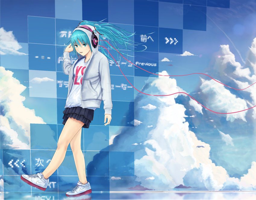 aqua_eyes aqua_hair cloud day hatsune_miku headphones highres hiragana hood hoodie kanji katakana long_hair nike shoes solo twintails vocaloid zakura_ryo