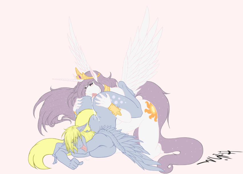 anthrofied big_breasts breasts butt crown cunnilingus cutie_mark derpy_hooves_(mlp) drooling duo equine female friendship_is_magic grey_skin hair horn horse lesbian mammal my_little_pony oral oral_sex pegasus plain_background pony princess_celestia_(mlp) princess_molestia_(mlp) pussy_juice saliva sex vaginal winged_unicorn wings