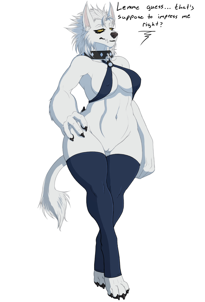 2012 ? alpha_channel black_nose canine claws cleavage collar english_text female hair hi_res hindpaw navel omnoproxyl337 paws pussy short_hair skimpy solo standing stockings thick_thighs thighs voluptuous white_fur white_hair wide_hips yellow_eyes
