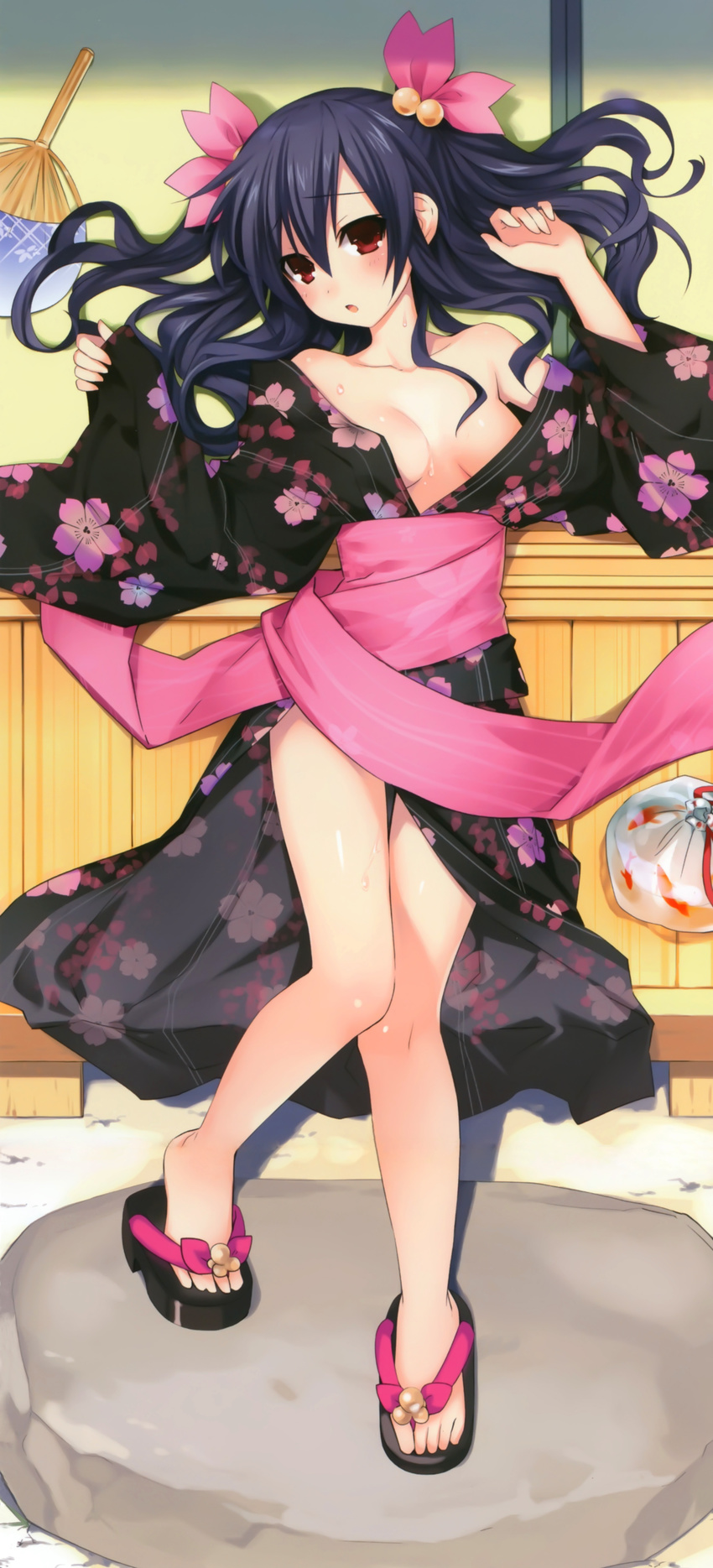 1girl absurdres black_hair blush breasts choujigen_game_neptune choujigen_game_neptune_mk2 cleavage compile_heart fan feet floral_print hair_bobbles hair_ornament highres idea_factory japanese_clothes kimono legs long_hair looking_at_viewer neptune_(series) obi official_art open_clothes open_kimono open_mouth red_eyes sandals sash solo sweat toes tsunako uni_(choujigen_game_neptune) yukata