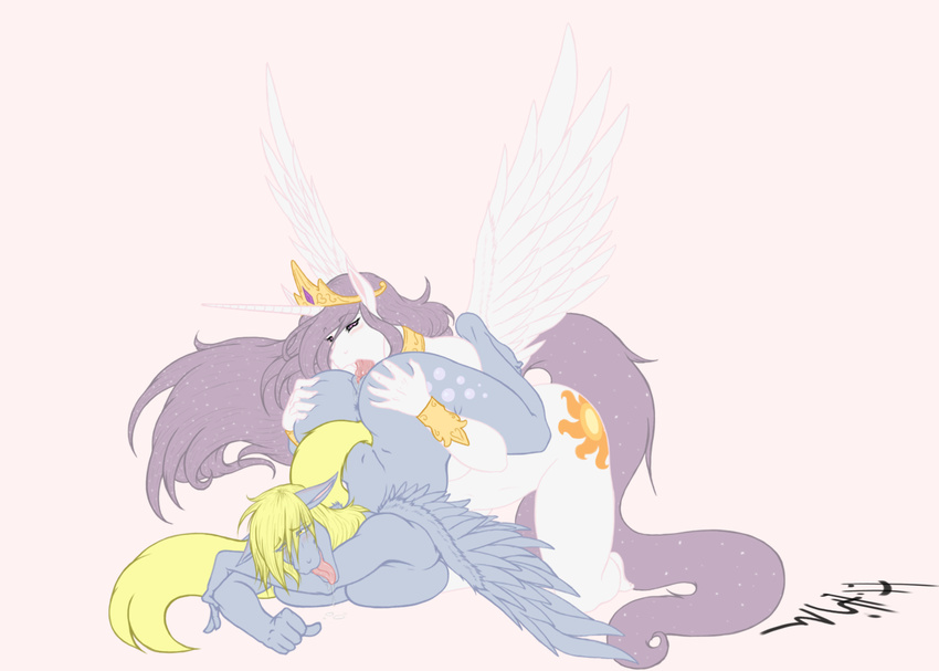 anthrofied big_breasts breasts butt crown cunnilingus cutie_mark derpy_hooves_(mlp) drooling duo equine female friendship_is_magic grey_skin hair horn horse lesbian mammal my_little_pony oral oral_sex pegasus plain_background pony princess princess_celestia_(mlp) princess_molestia_(mlp) royalty saliva sex vaginal winged_unicorn wings