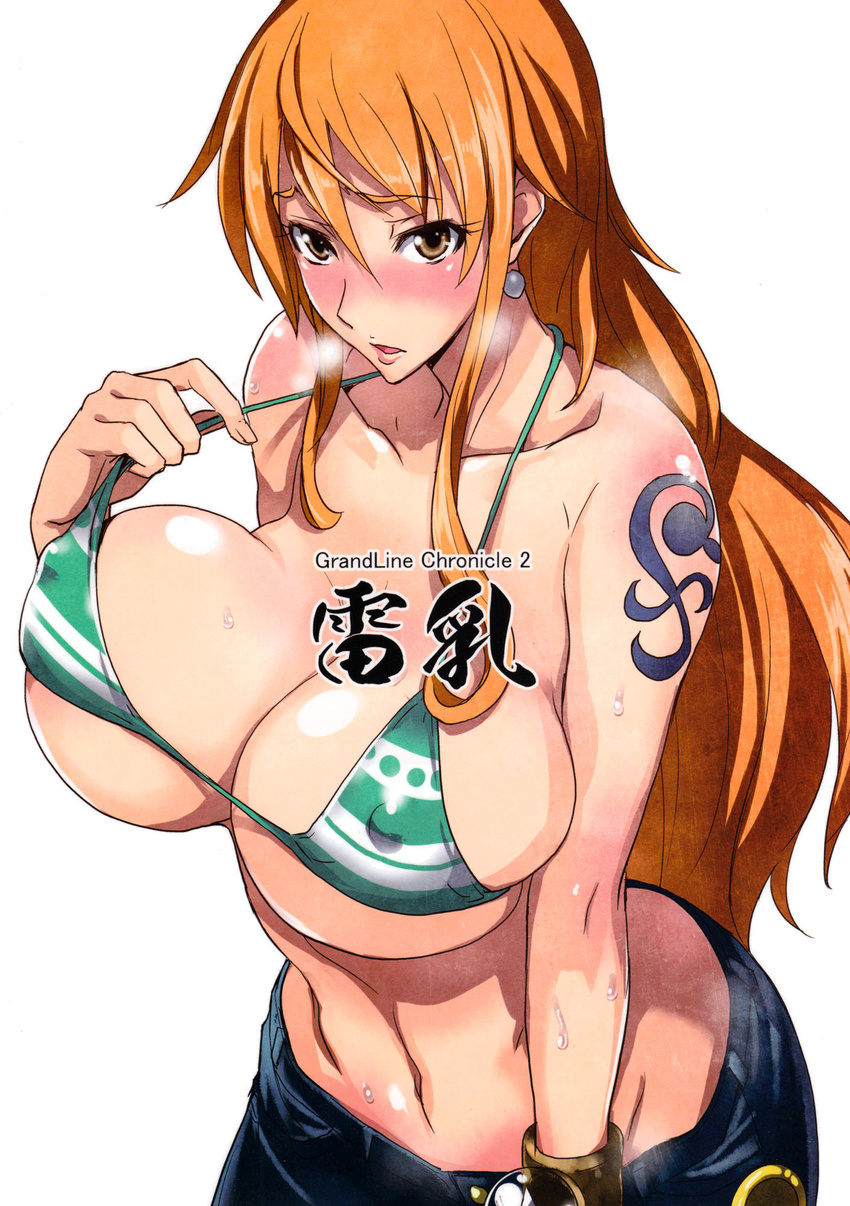 1girl bare_shoulders bikini bikini_top blush breast_press breasts brown_eyes curvy denim earrings erect_nipples highres huge_breasts isao jeans jewelry long_hair looking_at_viewer midriff nami nami_(one_piece) navel one_piece open_mouth orange_hair pants sabaody_archipelago simple_background solo standing sweat swimsuit tattoo white_background