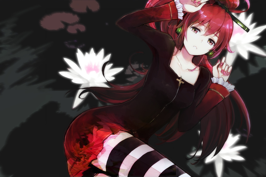 cross cul flower hanamuke headphones highres long_hair looking_at_viewer lotus lying on_back parted_lips ponytail red_eyes red_hair skirt solo striped striped_legwear thighhighs very_long_hair vocaloid