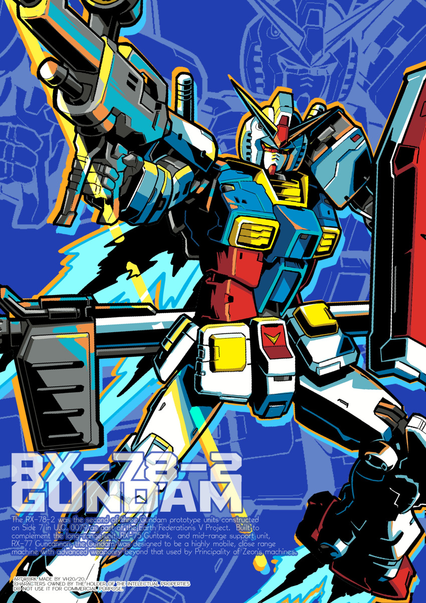 absurdres aiming artist_name bazooka_(gundam) beam_rifle character_name commentary energy_gun english_commentary english_text gun gundam highres holding holding_gun holding_weapon legs_apart looking_at_viewer mecha mecha_focus mobile_suit mobile_suit_gundam no_humans projected_inset robot rx-78-2 science_fiction shield solo standing v-fin vistahero weapon yellow_eyes