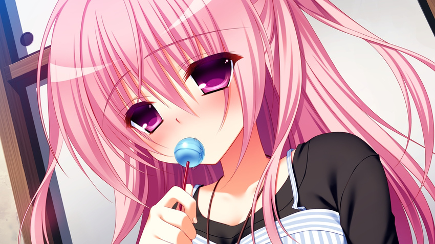 :o bangs blush candy collarbone covered_mouth eyebrows_visible_through_hair face food game_cg hair_between_eyes holding holding_food kanadome_miyako lollipop long_hair looking_at_viewer nanaka_mai nose_blush one_side_up parted_lips pink_eyes pink_hair pure_girl purple_eyes saliva sliding_doors solo striped tareme upper_body