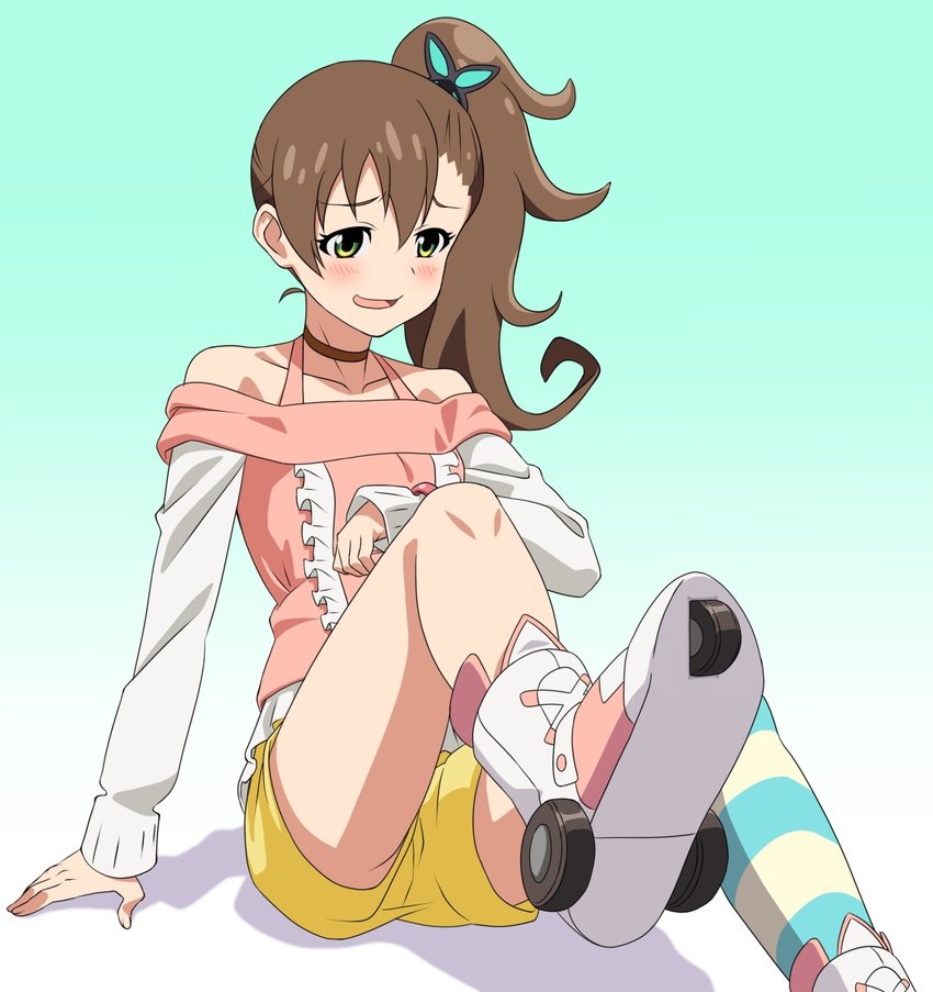 bare_shoulders blush brown_hair butterfly_hair_ornament choker chousoku_henkei_gyrozetter green_eyes hair_ornament highres inaba_rinne kaimuu_(fahrenheit724) long_hair long_sleeves open_mouth ribbon_choker roller_shoes shoes shorts side_ponytail single_thighhigh smile solo striped striped_legwear thighhighs