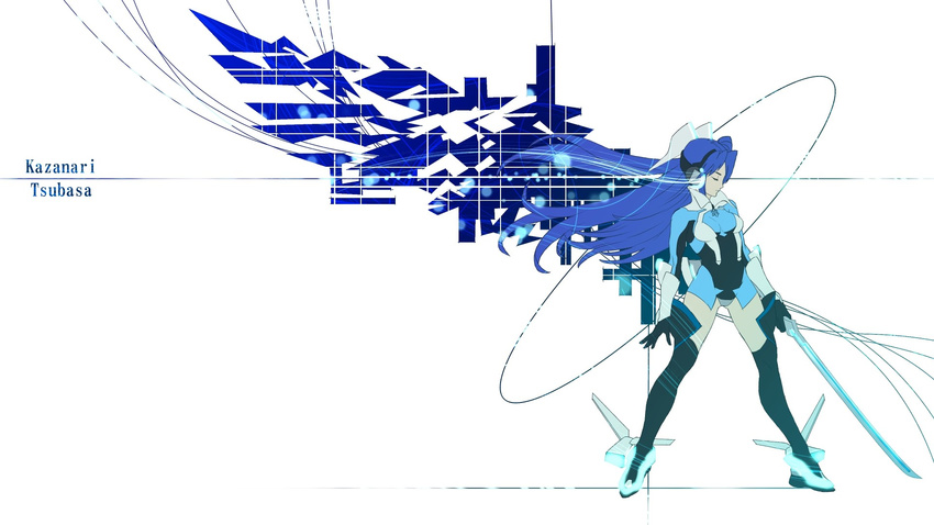 armor blue_hair kazanari_tsubasa long_hair senki_zesshou_symphogear sword weapon wings