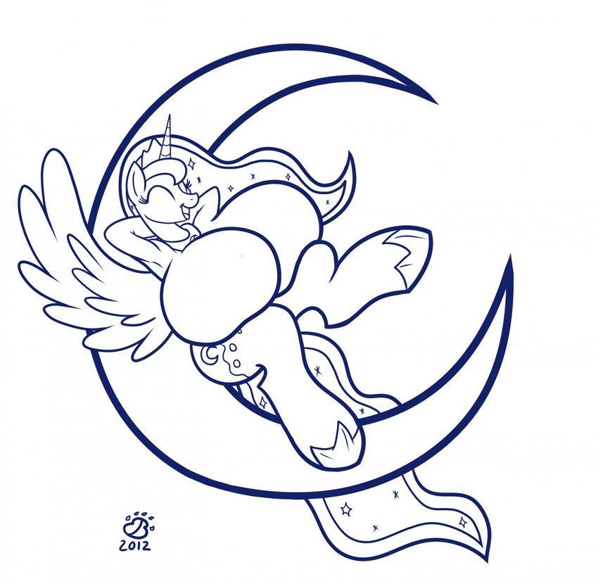 big_breasts breasts crown cutie_mark equine eyes_closed female friendship_is_magic happy horn horse huge_breasts hyper hyper_breasts mammal monochrome moon my_little_pony pony princess_luna_(mlp) smile solo tiara wing_boner winged_unicorn wings