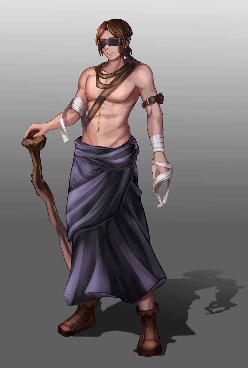 abs absurdres arm_belt bandages blindfold brown_footwear brown_hair chest facing_viewer full_body grey_background highres male_focus muscle nani_(goodrich) navel shadow simple_background solo standing walking_stick