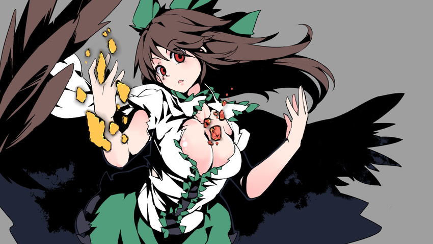 bow breasts brown_hair cape cleavage hair_bow huangquan_dong_(sinchi) large_breasts long_hair looking_at_viewer red_eyes reiuji_utsuho simple_background skirt solo touhou upper_body wings