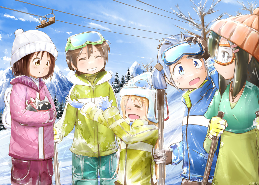 aioi_yuuko bad_id bad_pixiv_id blue_hair blush brown_hair cat closed_eyes grin highres minakami_mai minamito multiple_girls naganohara_mio nichijou open_mouth sakamoto_(nichijou) shinonome_nano smile