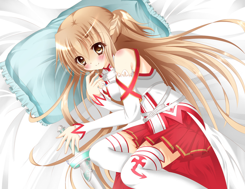 absurdres amagami_rukichi asuna_(sao) braid breastplate brown_eyes brown_hair detached_sleeves frilled_pillow frills highres long_hair lying on_side pillow sword_art_online thighhighs white_legwear