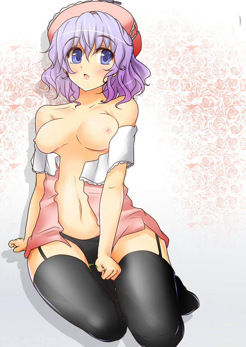 bare_shoulders black_legwear black_panties blue_eyes blush breasts fukunaga_kazuhiro garter_straps gradient_hair hat highres medium_breasts merlin_prismriver multicolored_hair nipples off_shoulder panties purple_hair short_hair solo thighhighs touhou underwear